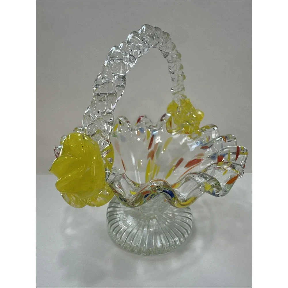 Vintage Hand Blown Art Glass Basket Confetti Spatter Ruffled Yellow Floral 6